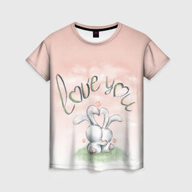 Женская футболка 3D с принтом Люблю тебя в Тюмени, 100% полиэфир ( синтетическое хлопкоподобное полотно) | прямой крой, круглый вырез горловины, длина до линии бедер | влюбленные | зайчики | любовь | розовый | сердце