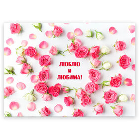 Поздравительная открытка с принтом люблю и любима подарок розы в Тюмени, 100% бумага | плотность бумаги 280 г/м2, матовая, на обратной стороне линовка и место для марки
 | Тематика изображения на принте: валентинов день | гордо | громко | девушке | жене | женский | любимой | люблю и любима | любовь | нежный | подарок | розовый | розы | фраза | чесно | чехол