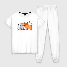 Женская пижама хлопок с принтом Парочка в Тюмени, 100% хлопок | брюки и футболка прямого кроя, без карманов, на брюках мягкая резинка на поясе и по низу штанин | влюбленные | котики | кошки | любовь | полосатый