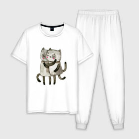 Мужская пижама хлопок с принтом Парочка в Тюмени, 100% хлопок | брюки и футболка прямого кроя, без карманов, на брюках мягкая резинка на поясе и по низу штанин
 | влюбленные | котики | кошки | любовь | полосатый