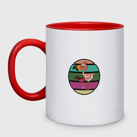 Кружка двухцветная с принтом Пьющий фламинго в Тюмени, керамика | объем — 330 мл, диаметр — 80 мм. Цветная ручка и кайма сверху, в некоторых цветах — вся внутренняя часть | пернатые | пить сок | птица | розовые перья | фламинго