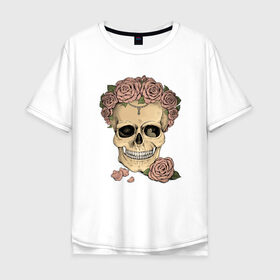 Мужская футболка хлопок Oversize с принтом Skull Roses в Тюмени, 100% хлопок | свободный крой, круглый ворот, “спинка” длиннее передней части | art | body | bones | dead | drawing | face | graffiti | head | roses | skeleton | skul | skull | ад | арт | голова | граффити | зло | кости | лицо | металл | нарисованный | розы | рок | скелет | скул | скулл | три черепа | тьма