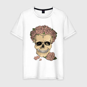 Мужская футболка хлопок с принтом Skull Roses в Тюмени, 100% хлопок | прямой крой, круглый вырез горловины, длина до линии бедер, слегка спущенное плечо. | art | body | bones | dead | drawing | face | graffiti | head | roses | skeleton | skul | skull | ад | арт | голова | граффити | зло | кости | лицо | металл | нарисованный | розы | рок | скелет | скул | скулл | три черепа | тьма