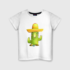 Детская футболка хлопок с принтом Кактус в Тюмени, 100% хлопок | круглый вырез горловины, полуприлегающий силуэт, длина до линии бедер | горшок | кактусик | мексиканец | цветы | шляпа