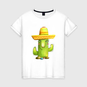 Женская футболка хлопок с принтом Кактус в Тюмени, 100% хлопок | прямой крой, круглый вырез горловины, длина до линии бедер, слегка спущенное плечо | горшок | кактусик | мексиканец | цветы | шляпа