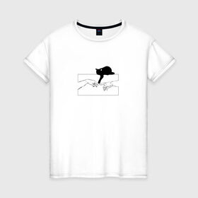 Женская футболка хлопок с принтом Сотворение Адама и котик в Тюмени, 100% хлопок | прямой крой, круглый вырез горловины, длина до линии бедер, слегка спущенное плечо | животные | искусство | картинка | кот | котик | кошка | прикол | сотворение адама