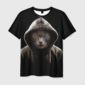 Мужская футболка 3D с принтом Two eye color Cat в Тюмени, 100% полиэфир | прямой крой, круглый вырез горловины, длина до линии бедер | Тематика изображения на принте: blue eye | brown eye | cat
