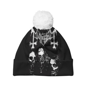 Шапка 3D c помпоном с принтом Mayhem в Тюмени, 100% полиэстер | универсальный размер, печать по всей поверхности изделия | black | mayhem | metal | music | rock | skull | блэк | гитара | группа | метал | музыка | рок | череп | электрогитара
