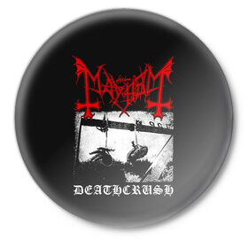 Значок с принтом Mayhem в Тюмени,  металл | круглая форма, металлическая застежка в виде булавки | black | mayhem | metal | music | rock | skull | блэк | гитара | группа | метал | музыка | рок | череп | электрогитара