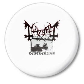 Значок с принтом Mayhem в Тюмени,  металл | круглая форма, металлическая застежка в виде булавки | black | mayhem | metal | music | rock | skull | блэк | гитара | группа | метал | музыка | рок | череп | электрогитара