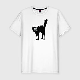 Мужская футболка хлопок Slim с принтом Забавный Кот в Тюмени, 92% хлопок, 8% лайкра | приталенный силуэт, круглый вырез ворота, длина до линии бедра, короткий рукав | animals | beast | eyes | глаза | животные | забавный | звери | зубы | кот | котенок | кошка | прикол | пушистый | смешной | черный