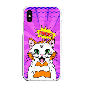 Чехол для iPhone XS Max матовый с принтом Meow Pop Art Cat в Тюмени, Силикон | Область печати: задняя сторона чехла, без боковых панелей | comics | kitty | meow | pop art | pop cat | retro | арт | белый кот | взгляд | глаза | голова кота | животные | киска | комикс | кот | кошак | кошечка | мем | мультяшный | мур мур | мяу | поп арт | прикол | пушистик | ретро