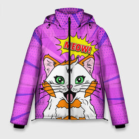 Мужская зимняя куртка 3D с принтом Meow Pop Art Cat в Тюмени, верх — 100% полиэстер; подкладка — 100% полиэстер; утеплитель — 100% полиэстер | длина ниже бедра, свободный силуэт Оверсайз. Есть воротник-стойка, отстегивающийся капюшон и ветрозащитная планка. 

Боковые карманы с листочкой на кнопках и внутренний карман на молнии. | comics | kitty | meow | pop art | pop cat | retro | арт | белый кот | взгляд | глаза | голова кота | животные | киска | комикс | кот | кошак | кошечка | мем | мультяшный | мур мур | мяу | поп арт | прикол | пушистик | ретро