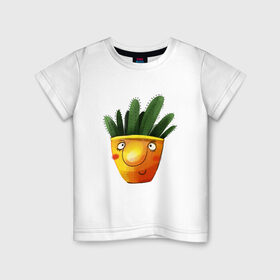 Детская футболка хлопок с принтом Кактус в Тюмени, 100% хлопок | круглый вырез горловины, полуприлегающий силуэт, длина до линии бедер | Тематика изображения на принте: what | горшок | кактусик | цветы | чего | чее