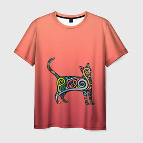 Мужская футболка 3D с принтом внутренний кот арт в Тюмени, 100% полиэфир | прямой крой, круглый вырез горловины, длина до линии бедер | арт | внутренний зверь | дудлинг | завитушки | киса | кот | котик | котэ | кошка | узор | хиппи | яркий