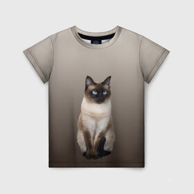 Детская футболка 3D с принтом Сиамский кот голубые глаза в Тюмени, 100% гипоаллергенный полиэфир | прямой крой, круглый вырез горловины, длина до линии бедер, чуть спущенное плечо, ткань немного тянется | Тематика изображения на принте: арт | бежевый | градиент | киса | коричневый | кот | котейка | котенок | котик | котэ | кошка | реализм | сиамец | сиамский