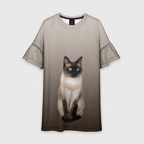 Детское платье 3D с принтом Сиамский кот голубые глаза в Тюмени, 100% полиэстер | прямой силуэт, чуть расширенный к низу. Круглая горловина, на рукавах — воланы | арт | бежевый | градиент | киса | коричневый | кот | котейка | котенок | котик | котэ | кошка | реализм | сиамец | сиамский