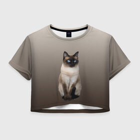 Женская футболка Crop-top 3D с принтом Сиамский кот голубые глаза в Тюмени, 100% полиэстер | круглая горловина, длина футболки до линии талии, рукава с отворотами | Тематика изображения на принте: арт | бежевый | градиент | киса | коричневый | кот | котейка | котенок | котик | котэ | кошка | реализм | сиамец | сиамский