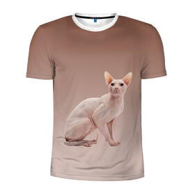 Мужская футболка 3D спортивная с принтом Лысый кот сфинкс в Тюмени, 100% полиэстер с улучшенными характеристиками | приталенный силуэт, круглая горловина, широкие плечи, сужается к линии бедра | арт | бежевый | без шерсти | градиент | домашний питомец | киса | кот | котейка | котенок | котик | котэ | кошка | лысый | реализм | складки кожи | сфинкс | экзотика