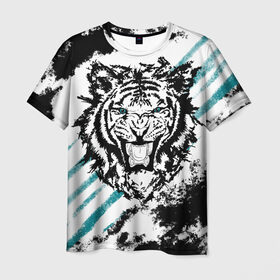 Мужская футболка 3D с принтом Голубоглазый тигр в Тюмени, 100% полиэфир | прямой крой, круглый вырез горловины, длина до линии бедер | абстракция | агрессивный | злой | зубы | клякса | пасть | полоски | полосы | суровый | тигр | чернота