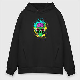 Мужское худи Oversize хлопок с принтом Psychedelic skull в Тюмени, френч-терри — 70% хлопок, 30% полиэстер. Мягкий теплый начес внутри —100% хлопок | боковые карманы, эластичные манжеты и нижняя кромка, капюшон на магнитной кнопке | Тематика изображения на принте: skull | брызги | мозг | монстр | психоделика | скелет | череп | чудовище