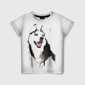 Детская футболка 3D с принтом Хаски красками в Тюмени, 100% гипоаллергенный полиэфир | прямой крой, круглый вырез горловины, длина до линии бедер, чуть спущенное плечо, ткань немного тянется | dogs | рисунок | собаки | хаски | щенок