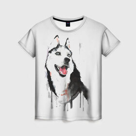 Женская футболка 3D с принтом Хаски красками в Тюмени, 100% полиэфир ( синтетическое хлопкоподобное полотно) | прямой крой, круглый вырез горловины, длина до линии бедер | dogs | рисунок | собаки | хаски | щенок