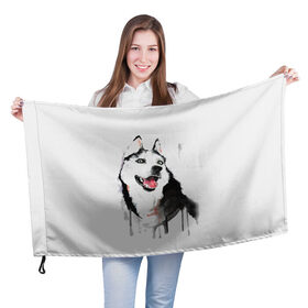 Флаг 3D с принтом Хаски красками в Тюмени, 100% полиэстер | плотность ткани — 95 г/м2, размер — 67 х 109 см. Принт наносится с одной стороны | dogs | рисунок | собаки | хаски | щенок