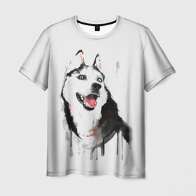 Мужская футболка 3D с принтом Хаски красками в Тюмени, 100% полиэфир | прямой крой, круглый вырез горловины, длина до линии бедер | Тематика изображения на принте: dogs | рисунок | собаки | хаски | щенок