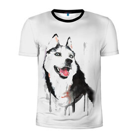Мужская футболка 3D спортивная с принтом Хаски красками в Тюмени, 100% полиэстер с улучшенными характеристиками | приталенный силуэт, круглая горловина, широкие плечи, сужается к линии бедра | dogs | рисунок | собаки | хаски | щенок