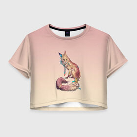 Женская футболка Crop-top 3D с принтом лиса кицунэ арт в Тюмени, 100% полиэстер | круглая горловина, длина футболки до линии талии, рукава с отворотами | аниме | арт | вымысел | инари | кицуне | кицунэ | лис | лиса | лисица | лисичка | миф | мифология | персонаж | сказка | хвост | япония