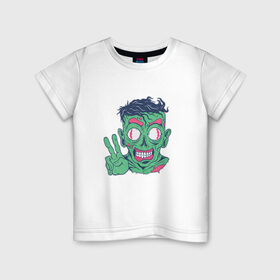 Детская футболка хлопок с принтом Дружелюбный зомби в Тюмени, 100% хлопок | круглый вырез горловины, полуприлегающий силуэт, длина до линии бедер | cartoon | creature | friendly | funny | halloween | horror | monster | peace | zombie | друг | дружелюбный | зомби | мир | монстр | мультфильм | смешной | существо | сущность | ужас | хэллоуин | чудовище