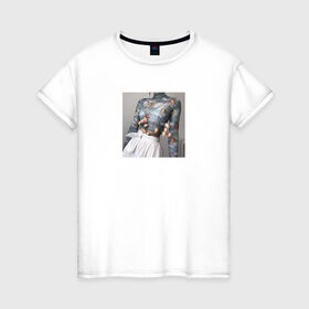 Женская футболка хлопок с принтом Aesthetik в Тюмени, 100% хлопок | прямой крой, круглый вырез горловины, длина до линии бедер, слегка спущенное плечо | ангелы | белый | небо | нежность | цветы | эстэтика