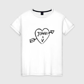 Женская футболка хлопок с принтом Johnny + V в Тюмени, 100% хлопок | прямой крой, круглый вырез горловины, длина до линии бедер, слегка спущенное плечо | johnny | silverhand | ви | киберпанк | сердце | татуировка
