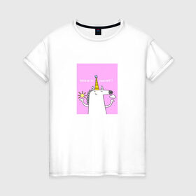 Женская футболка хлопок с принтом Верь в себя! в Тюмени, 100% хлопок | прямой крой, круглый вырез горловины, длина до линии бедер, слегка спущенное плечо | верь в себя | животные | милый единорог | мотивация | мультфильм | радуга