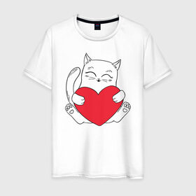 Мужская футболка хлопок с принтом Котик День Святого Валентина в Тюмени, 100% хлопок | прямой крой, круглый вырез горловины, длина до линии бедер, слегка спущенное плечо. | 14 февраля | black cat | cat | heart | valentines day | день валентина | день любви | кот | котик | котики | кошка | любовь | сердечки | сердце | черный кот