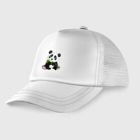 Детская кепка тракер с принтом Животные в Тюмени, Козырек - 100% хлопок. Кепка - 100% полиэстер, Задняя часть - сетка | универсальный размер, пластиковая застёжка | Тематика изображения на принте: бамбук | зверь | медвежонок | мишка | панда
