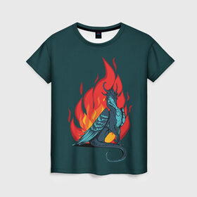 Женская футболка 3D с принтом Бирюзовый дракон в Тюмени, 100% полиэфир ( синтетическое хлопкоподобное полотно) | прямой крой, круглый вырез горловины, длина до линии бедер | бирюзовый цвет | графика | дракон | огонь | персонаж | пламя | рисунок | фэнтези