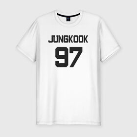Мужская футболка хлопок Slim с принтом BTS - Jungkook 97 в Тюмени, 92% хлопок, 8% лайкра | приталенный силуэт, круглый вырез ворота, длина до линии бедра, короткий рукав | Тематика изображения на принте: boysband | bts | jungkook | jungkook 97 | k pop | korea | korean | music | бтс | джонгук | к поп | кей поп | корейская | корейский | корея | кпоп | музыка | чонгук