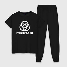 Женская пижама хлопок с принтом MIZUTANI Cyberpunk 2077 в Тюмени, 100% хлопок | брюки и футболка прямого кроя, без карманов, на брюках мягкая резинка на поясе и по низу штанин | Тематика изображения на принте: cyberpunk 2077 | hacker | maelstrom | militech | quadra | samurai | sci fi | technology | trauma team | v | будущее | игра | иероглифы | киану ривз | кибер | киберпанк | киборг | киборги | корпорация | лого | милитек | панк | роботы | самурай | т