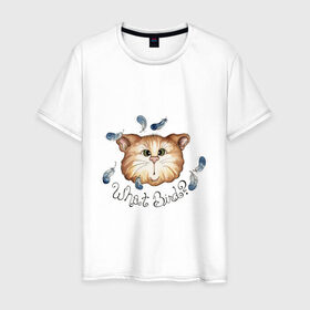 Мужская футболка хлопок с принтом котик и перья птичик в Тюмени, 100% хлопок | прямой крой, круглый вырез горловины, длина до линии бедер, слегка спущенное плечо. | влюбленный | котенок | котик | минимализм | перья | простой | птичка | рисунок