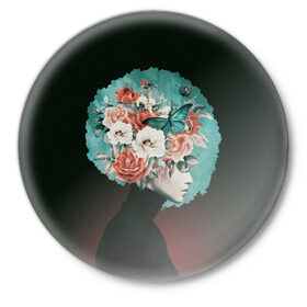 Значок с принтом Girl in flowers в Тюмени,  металл | круглая форма, металлическая застежка в виде булавки | 8 марта | лучшая в мире | мама | подарок | подарок женщине | подарок любимым | подарок на 8 марта | самая лучшая  в мире | семья