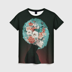 Женская футболка 3D с принтом Girl in flowers в Тюмени, 100% полиэфир ( синтетическое хлопкоподобное полотно) | прямой крой, круглый вырез горловины, длина до линии бедер | 8 марта | лучшая в мире | мама | подарок | подарок женщине | подарок любимым | подарок на 8 марта | самая лучшая  в мире | семья