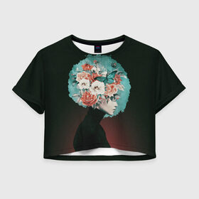 Женская футболка Crop-top 3D с принтом Girl in flowers в Тюмени, 100% полиэстер | круглая горловина, длина футболки до линии талии, рукава с отворотами | 8 марта | лучшая в мире | мама | подарок | подарок женщине | подарок любимым | подарок на 8 марта | самая лучшая  в мире | семья