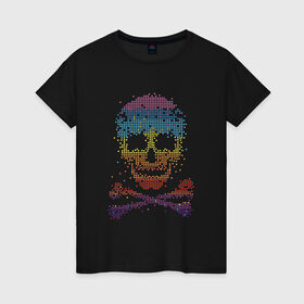 Женская футболка хлопок с принтом Пиксельный череп в Тюмени, 100% хлопок | прямой крой, круглый вырез горловины, длина до линии бедер, слегка спущенное плечо | абстракция | кости | мозаика | паззл | скелет | чеперушка | череп