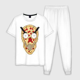 Мужская пижама хлопок с принтом Злая пицца в Тюмени, 100% хлопок | брюки и футболка прямого кроя, без карманов, на брюках мягкая резинка на поясе и по низу штанин
 | evil | pizza | голова | еда | злой | монстр | пицца | хипстер | череп
