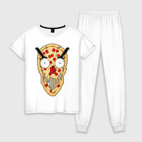 Женская пижама хлопок с принтом Злая пицца в Тюмени, 100% хлопок | брюки и футболка прямого кроя, без карманов, на брюках мягкая резинка на поясе и по низу штанин | evil | pizza | голова | еда | злой | монстр | пицца | хипстер | череп