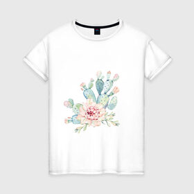 Женская футболка хлопок с принтом цветущий кактус акварель в Тюмени, 100% хлопок | прямой крой, круглый вырез горловины, длина до линии бедер, слегка спущенное плечо | акварель | акварельный | весна | кактус | мило | природа | растение | рисунок | суккулент | цветение | цветок | цветущий