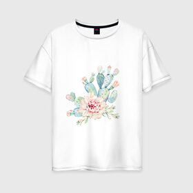 Женская футболка хлопок Oversize с принтом цветущий кактус акварель в Тюмени, 100% хлопок | свободный крой, круглый ворот, спущенный рукав, длина до линии бедер
 | акварель | акварельный | весна | кактус | мило | природа | растение | рисунок | суккулент | цветение | цветок | цветущий