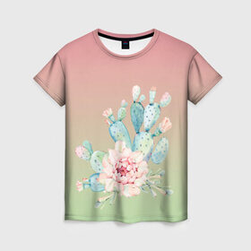 Женская футболка 3D с принтом суккулент градиент в Тюмени, 100% полиэфир ( синтетическое хлопкоподобное полотно) | прямой крой, круглый вырез горловины, длина до линии бедер | акварель | акварельный | весна | кактус | мило | природа | растение | рисунок | суккулент | сукулент | цветение | цветок | цветущий | цветы